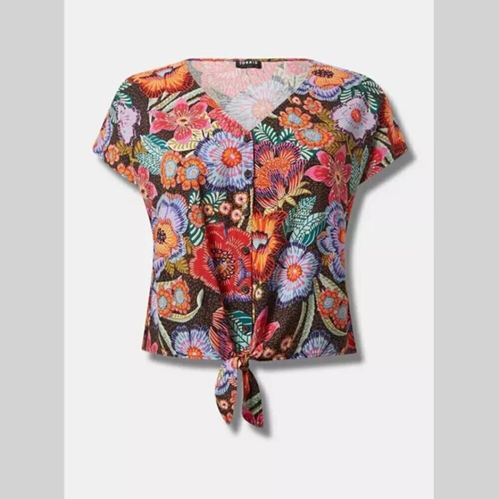 Torrid - Challis Dolman Tie Front Crop Top in Decorative Floral & Deep Black‌ - Picture 14 of 14